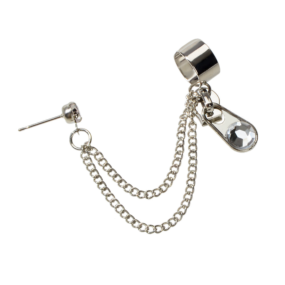 Punk rhinestone chain ear cuff in silver tone featuring a zipper stud and cartilage clip — view 5
