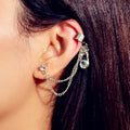 Punk rhinestone chain ear cuff in silver tone featuring a zipper stud and cartilage clip