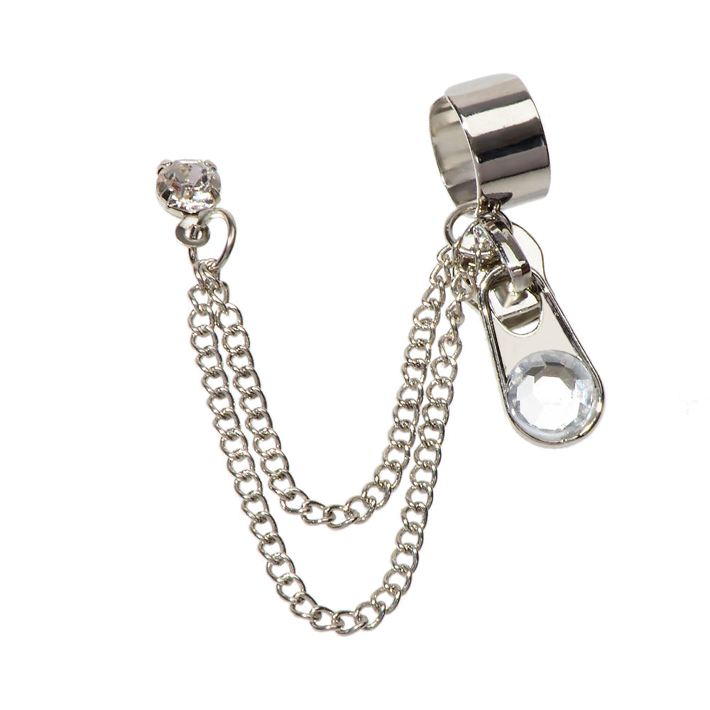 Punk rhinestone chain ear cuff in silver tone featuring a zipper stud and cartilage clip — view 2