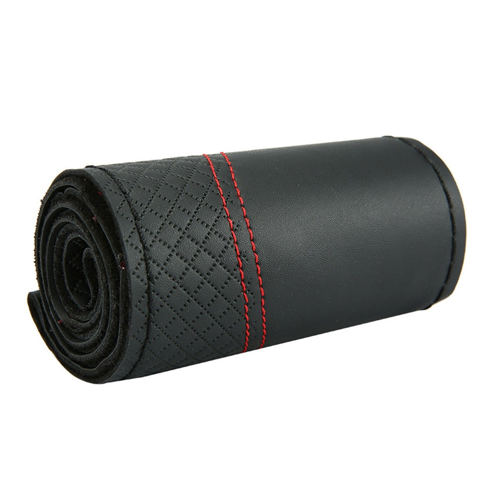 Premium black leather steering wheel cover with red stitching and DIY sewing needles — view 2