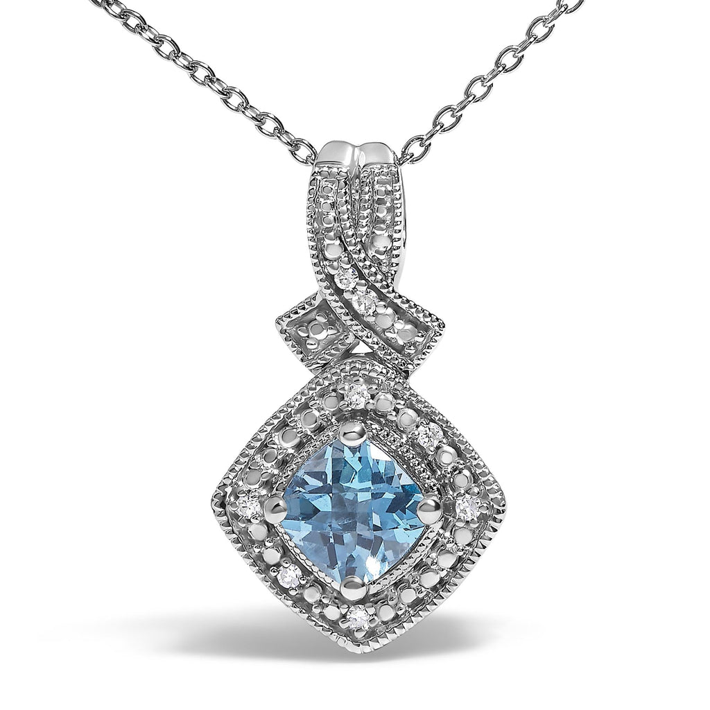 .925 Sterling Silver 5x5 mm Blue Topaz and Diamond Accent Cushion Pendant Necklace-1