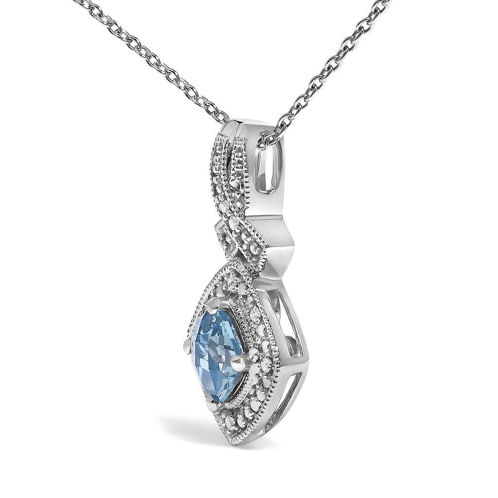 .925 Sterling Silver 5x5 mm Blue Topaz and Diamond Accent Cushion Pendant Necklace-3