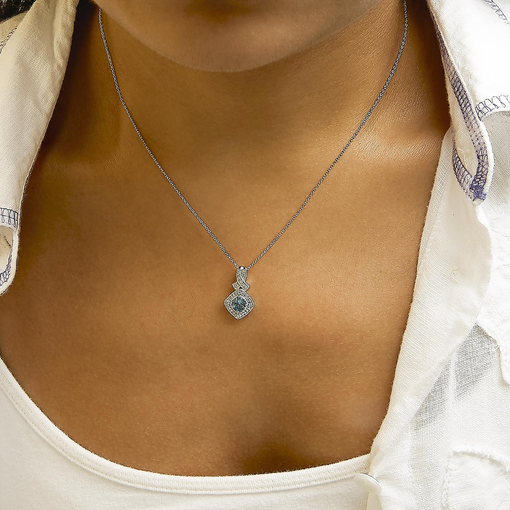 .925 Sterling Silver 5x5 mm Blue Topaz and Diamond Accent Cushion Pendant Necklace-2