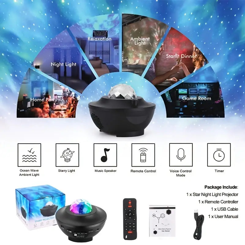 Black tabletop galaxy star projector emitting vibrant ocean wave and led cloud lights — view 3