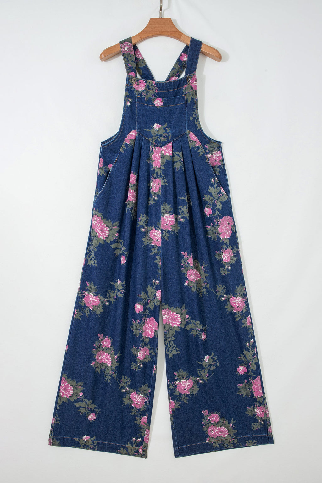 Akira waist wide leg jumpsuit in blue vintage washed denim with adjustable buttoned shoulder straps — view 4