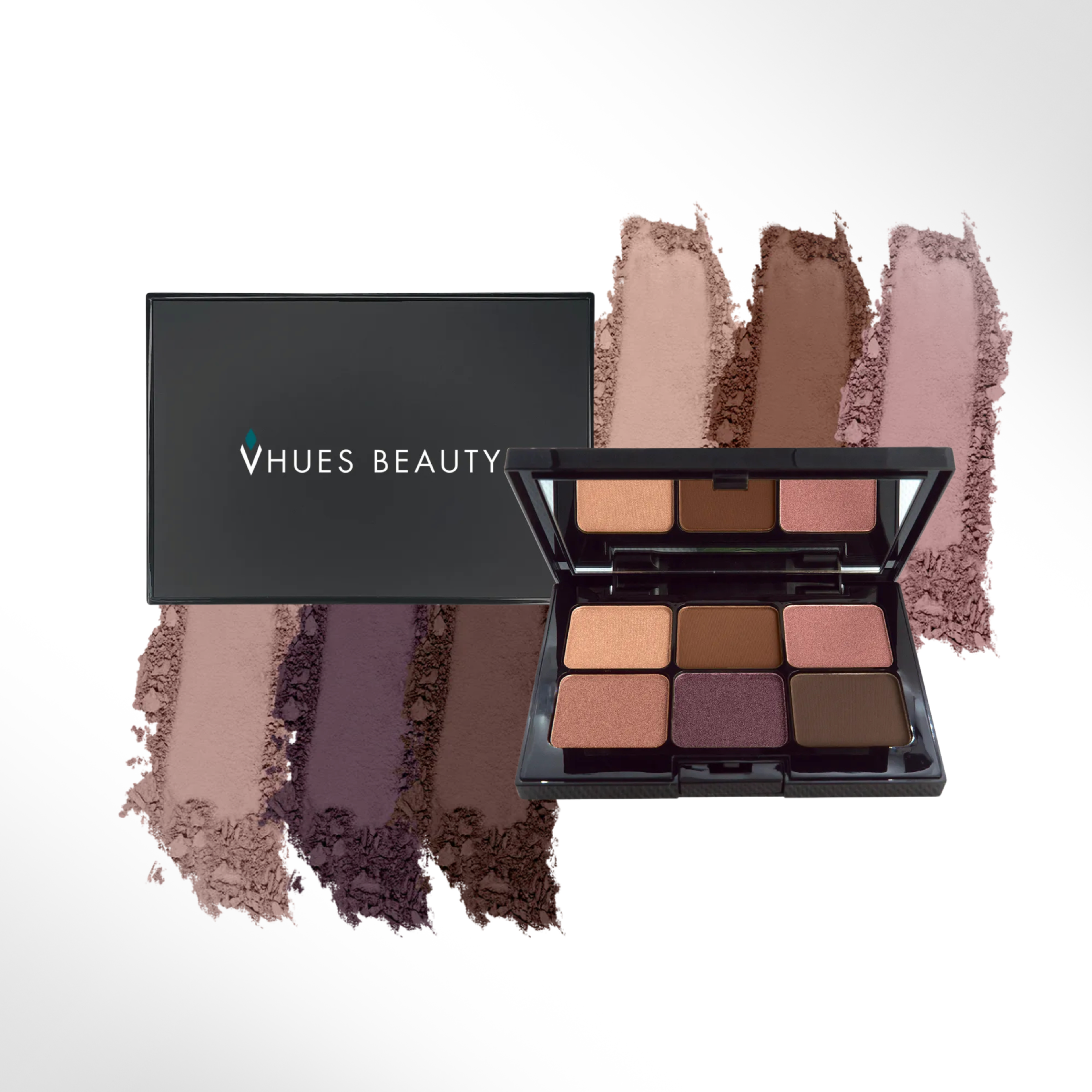 Six shade vegan eyeshadow palette with matte and shimmer neutral tones in a compact