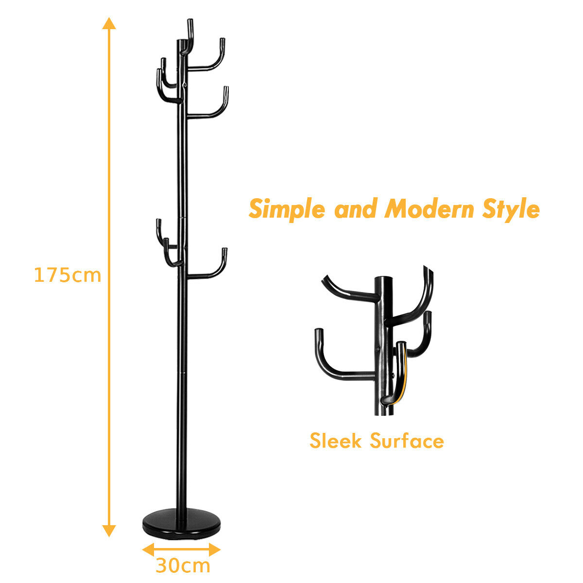 Black freestanding metal coat rack stand with 8 hooks and a round base for entryways — view 4