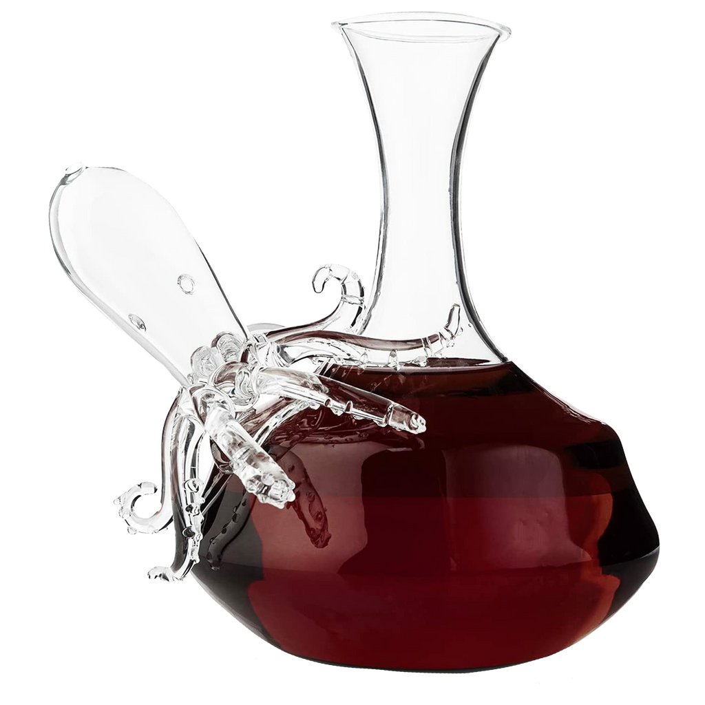 Clear blown glass octopus whiskey decanter with detailed tentacles and integrated pouring spout