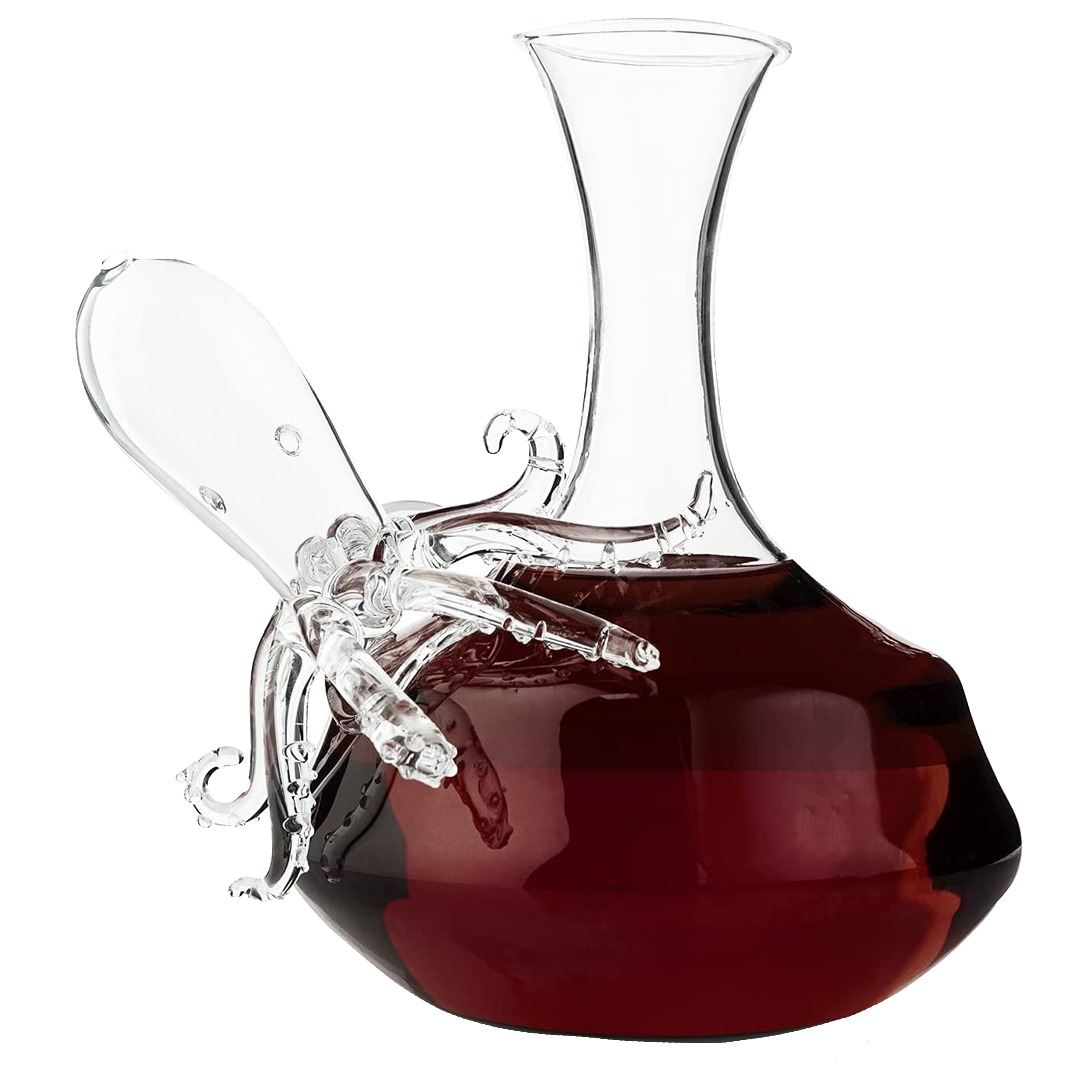Clear blown glass octopus whiskey decanter with detailed tentacles and integrated pouring spout