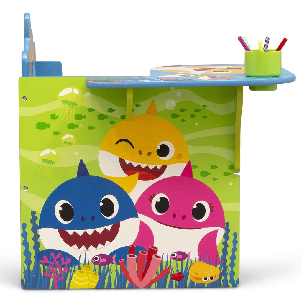 Baby Shark themed kids desk chair with under seat storage bin and cup holder — view 4