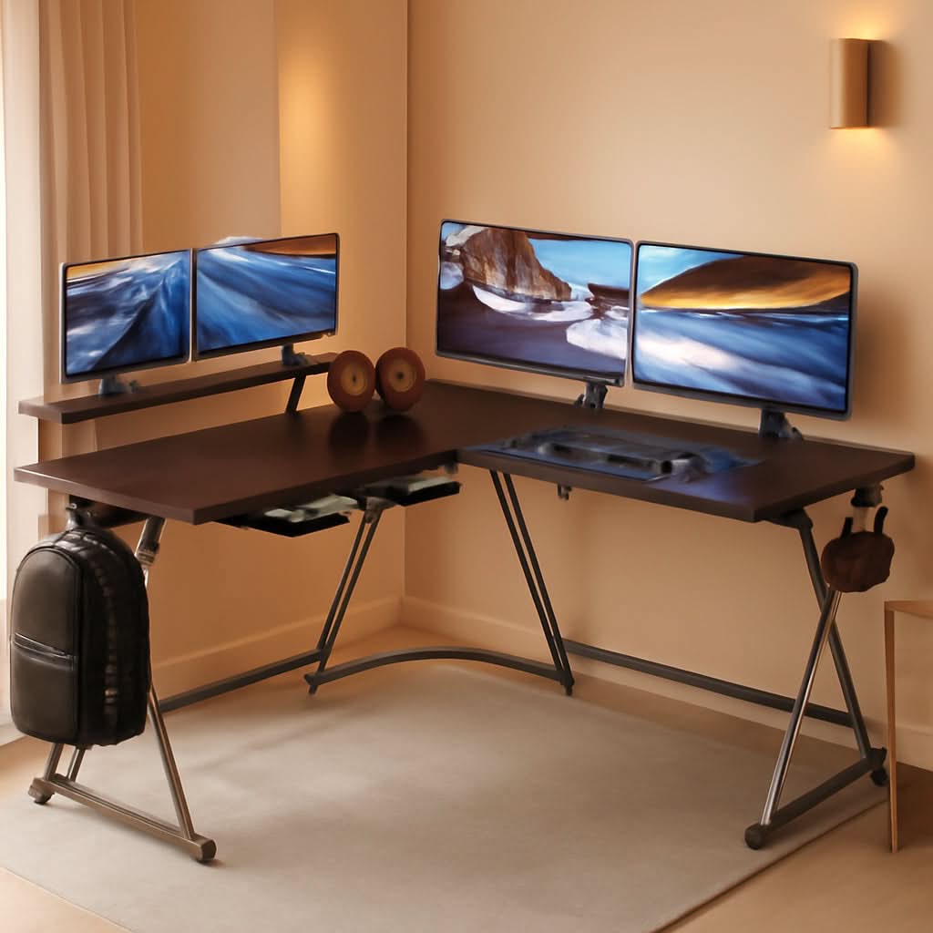 Espresso Vista L-shaped corner desk with steel frame, monitor stand, and drawer