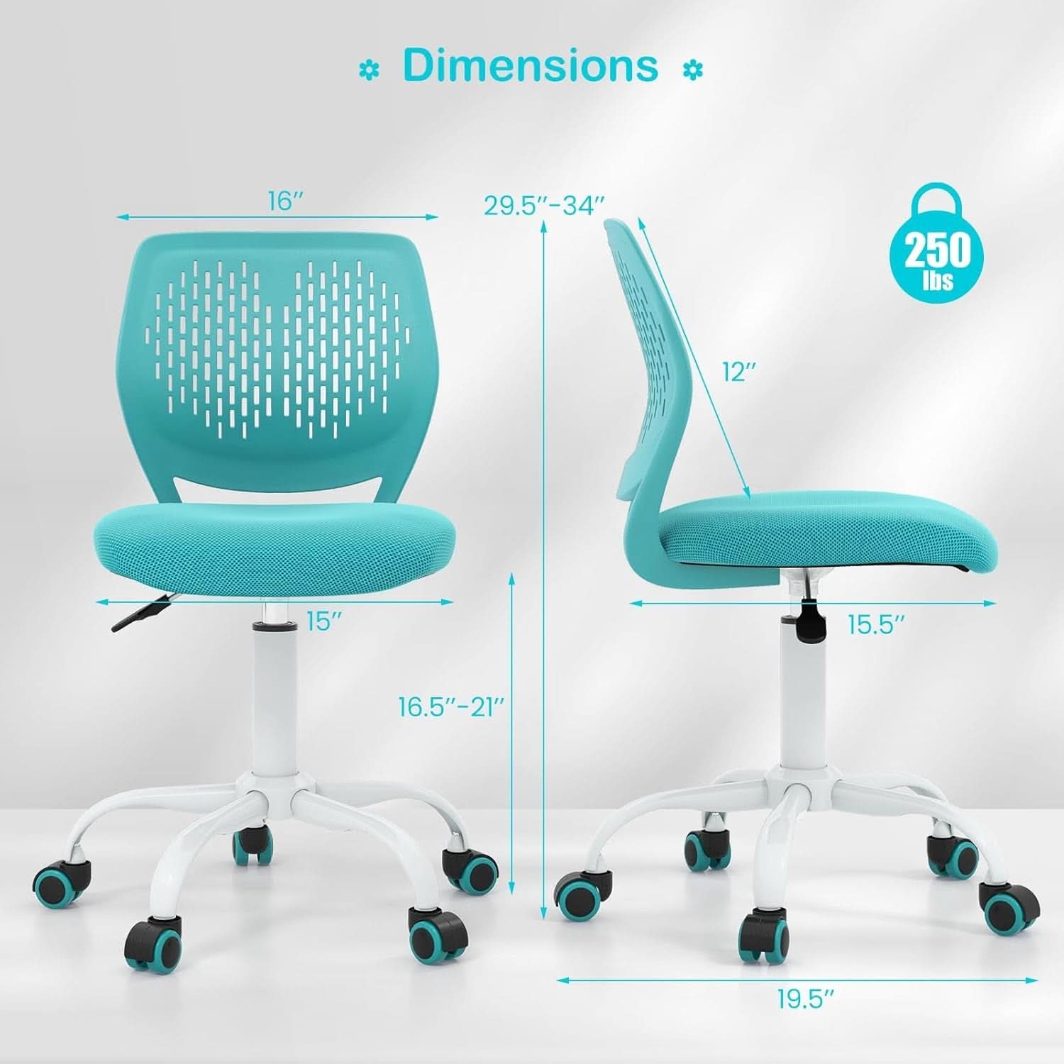 Turquoise height adjustable kids desk chair with ergonomic lumbar support and swivel wheels — view 3