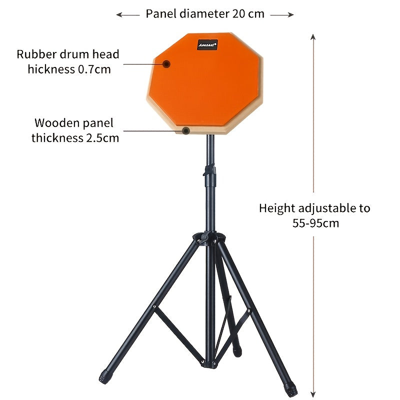 Orange 8-inch wooden drum practice pad with high-density silicone surface and mounting bracket — view 2