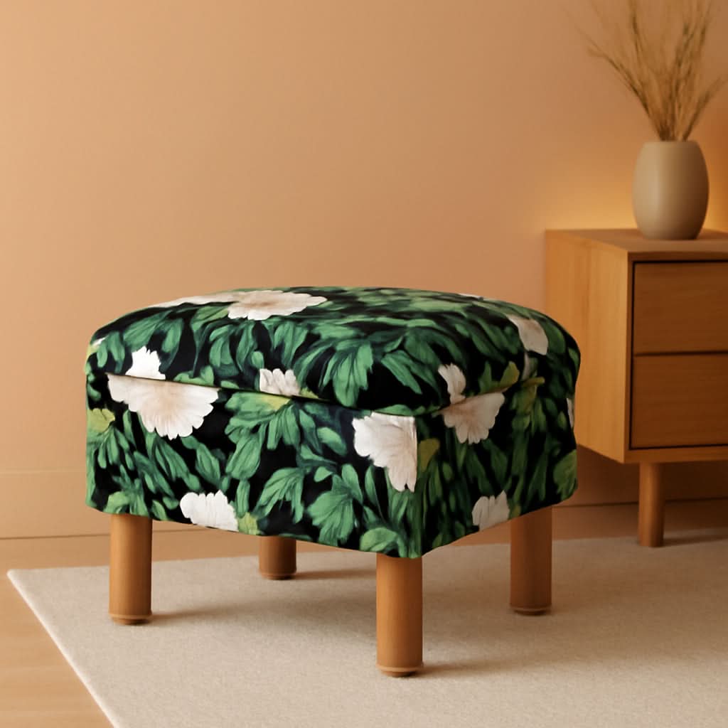 Multifunctional storage ottoman with hidden lid neutral fabric cushioned footrest for living room organization