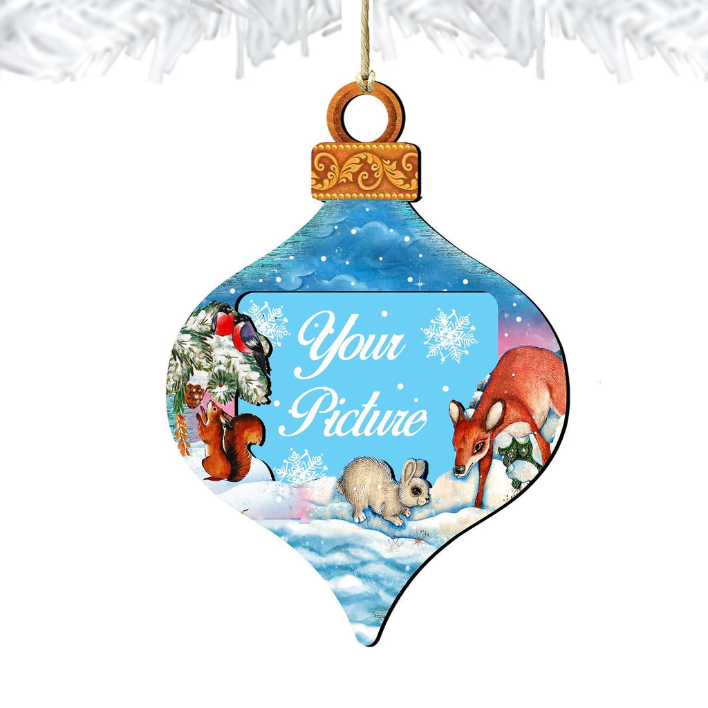 Handcrafted wooden Christmas picture frame ornament featuring vintage Santa and snowman artwork for holiday trees. — view 4