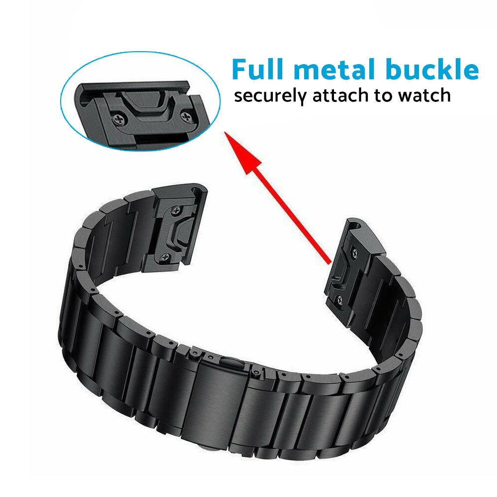 Black stainless steel replacement smartwatch band for Garmin devices with quick fit connector — view 3