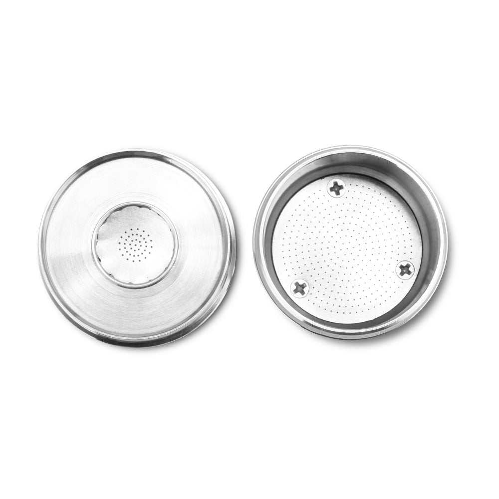 Stainless steel reusable coffee pod capsule with powder hammer and brush for sustainable espresso brewing — view 2