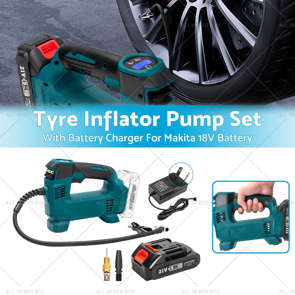 Cordless portable tyre inflator pump with digital display, battery, charger, and multiple valve adapters — view 2
