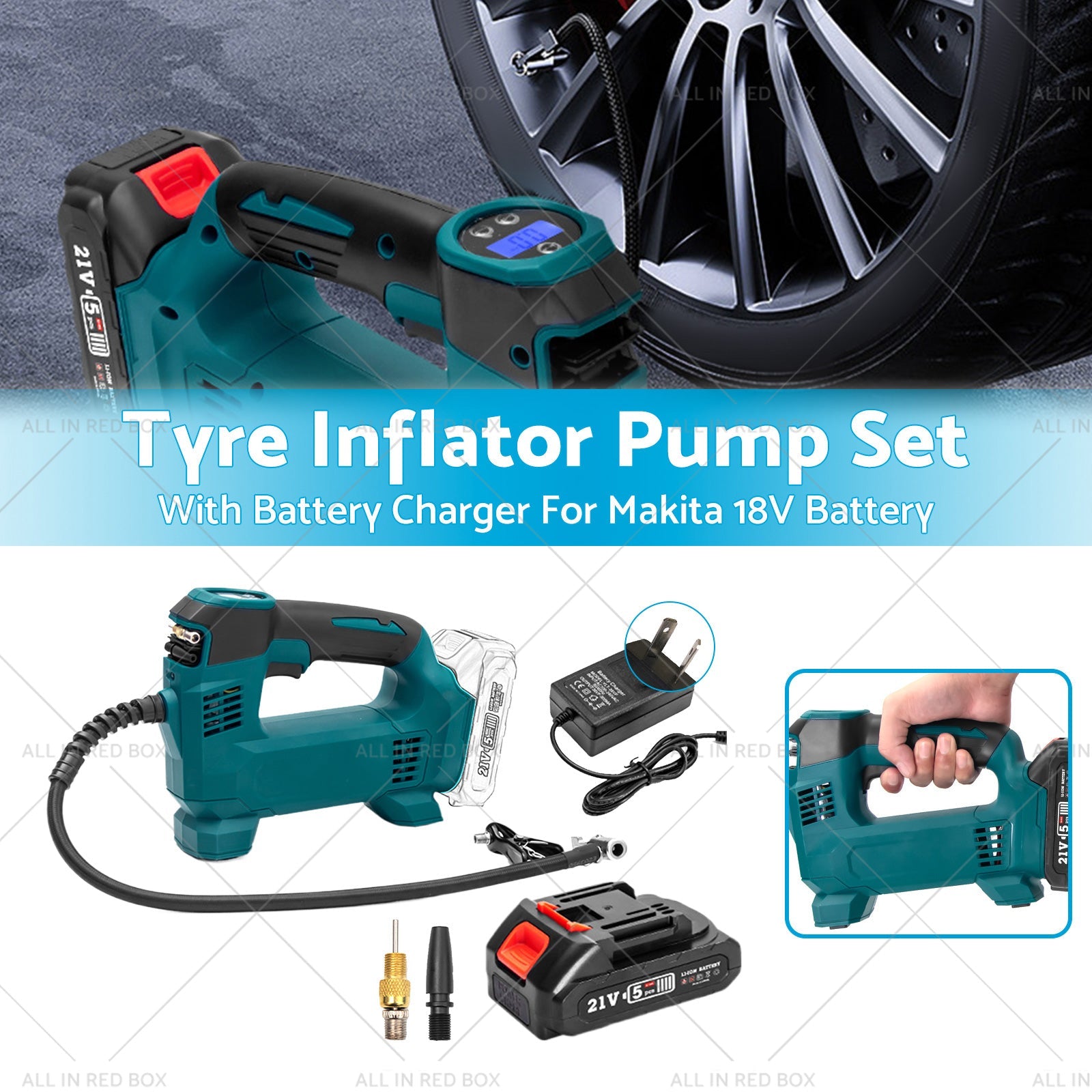 Cordless portable tyre inflator pump with digital display, battery, charger, and multiple valve adapters — view 2