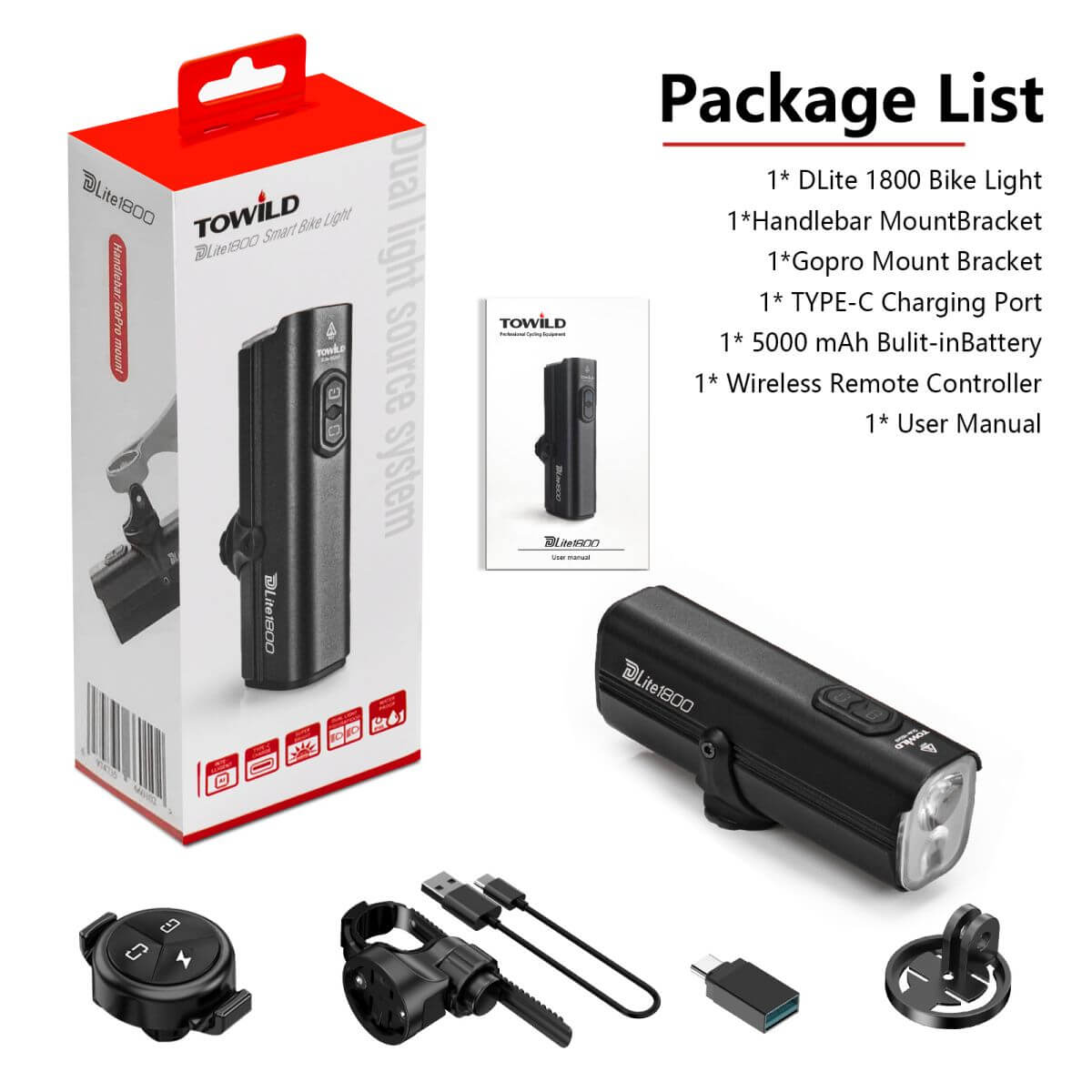 Towild DLite 1800 lumens rechargeable bike front light mounted on a black bicycle handlebar — view 4