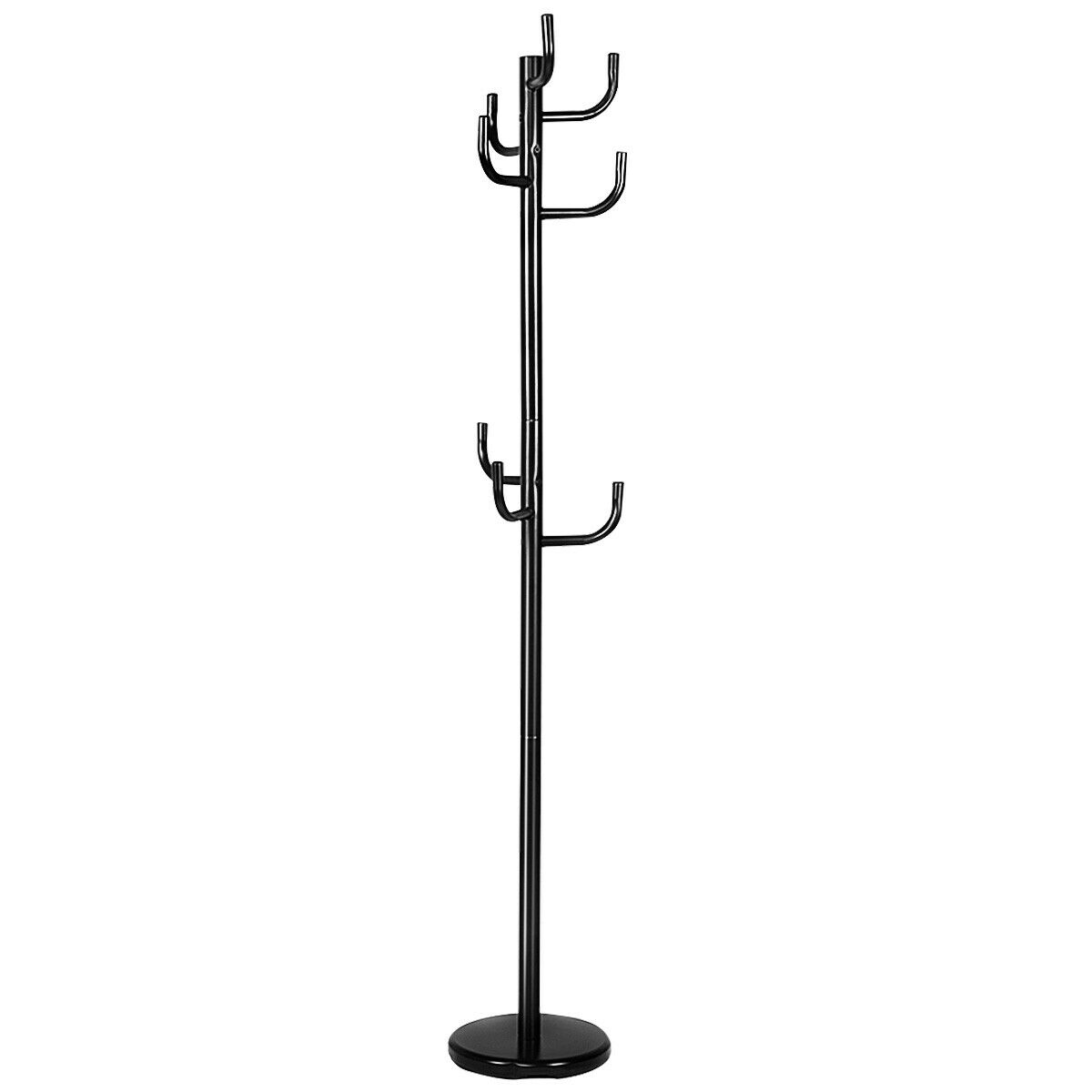 Black freestanding metal coat rack stand with 8 hooks and a round base for entryways — view 2