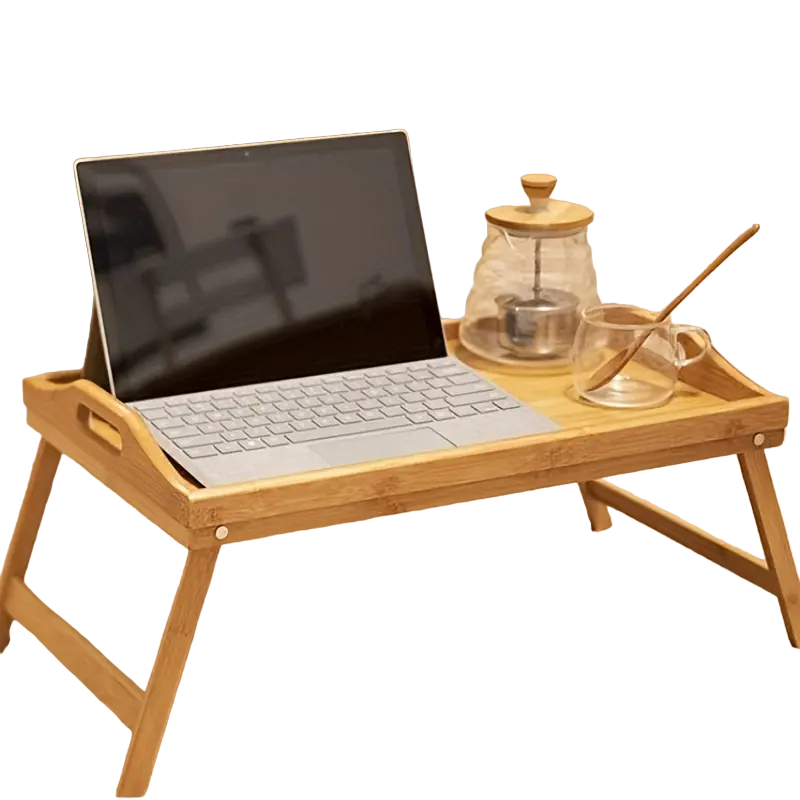 Natural bamboo laptop desk and foldable bed tray with adjustable legs and ergonomic handles