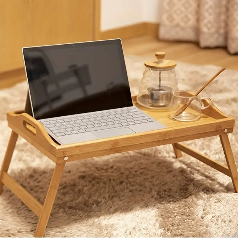 Natural bamboo laptop desk and foldable bed tray with adjustable legs and ergonomic handles — view 2