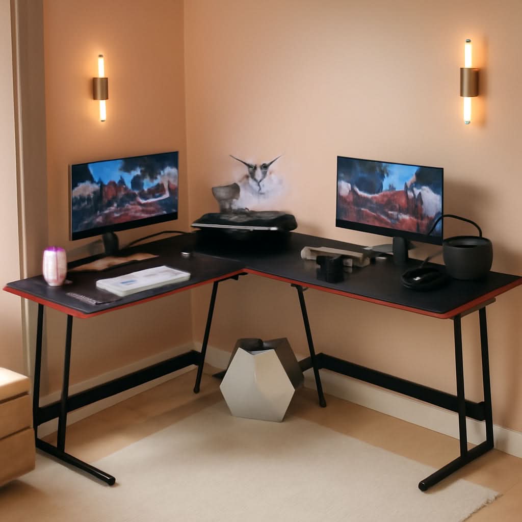 Black L-shaped gaming desk with carbon fiber finish, red accents, monitor riser, and metal Z-shaped legs