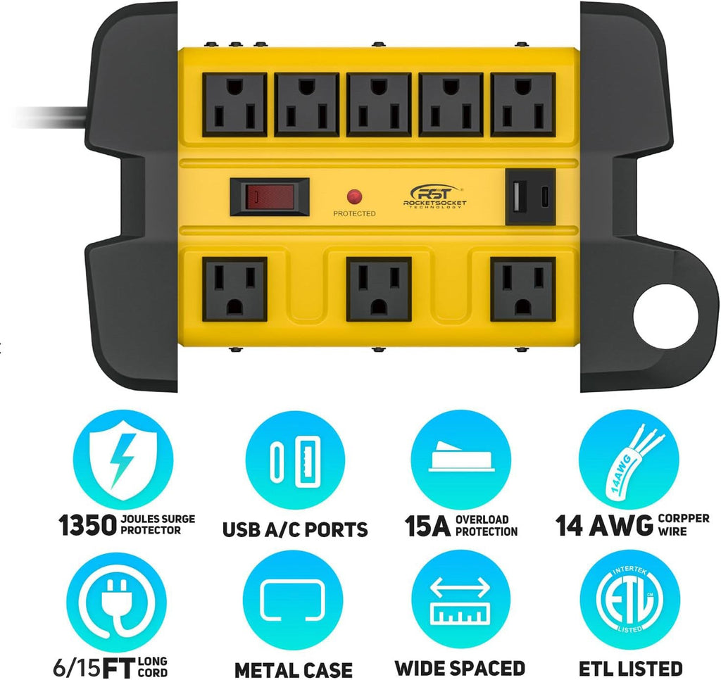 Heavy duty metal 8-outlet power strip with USB ports, cord wrap, and surge protection. — view 2