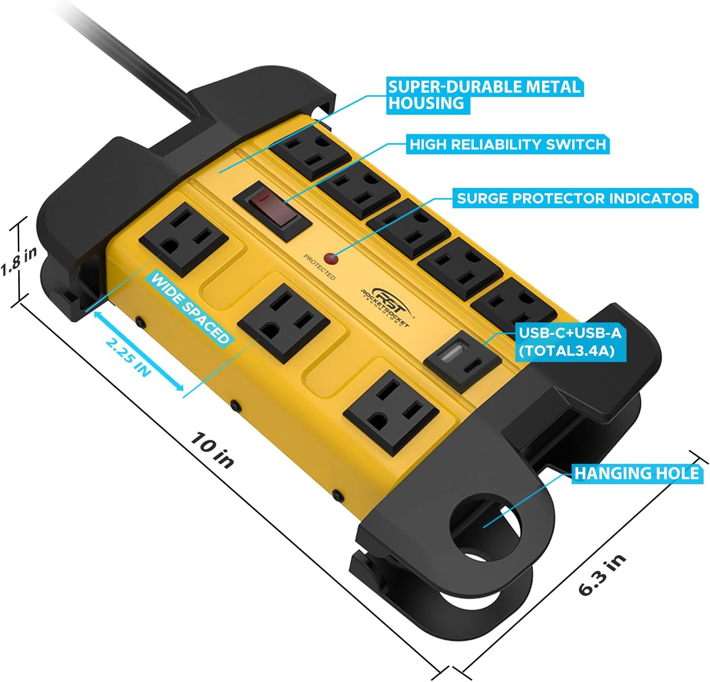 Heavy duty metal 8-outlet power strip with USB ports, cord wrap, and surge protection. — view 4