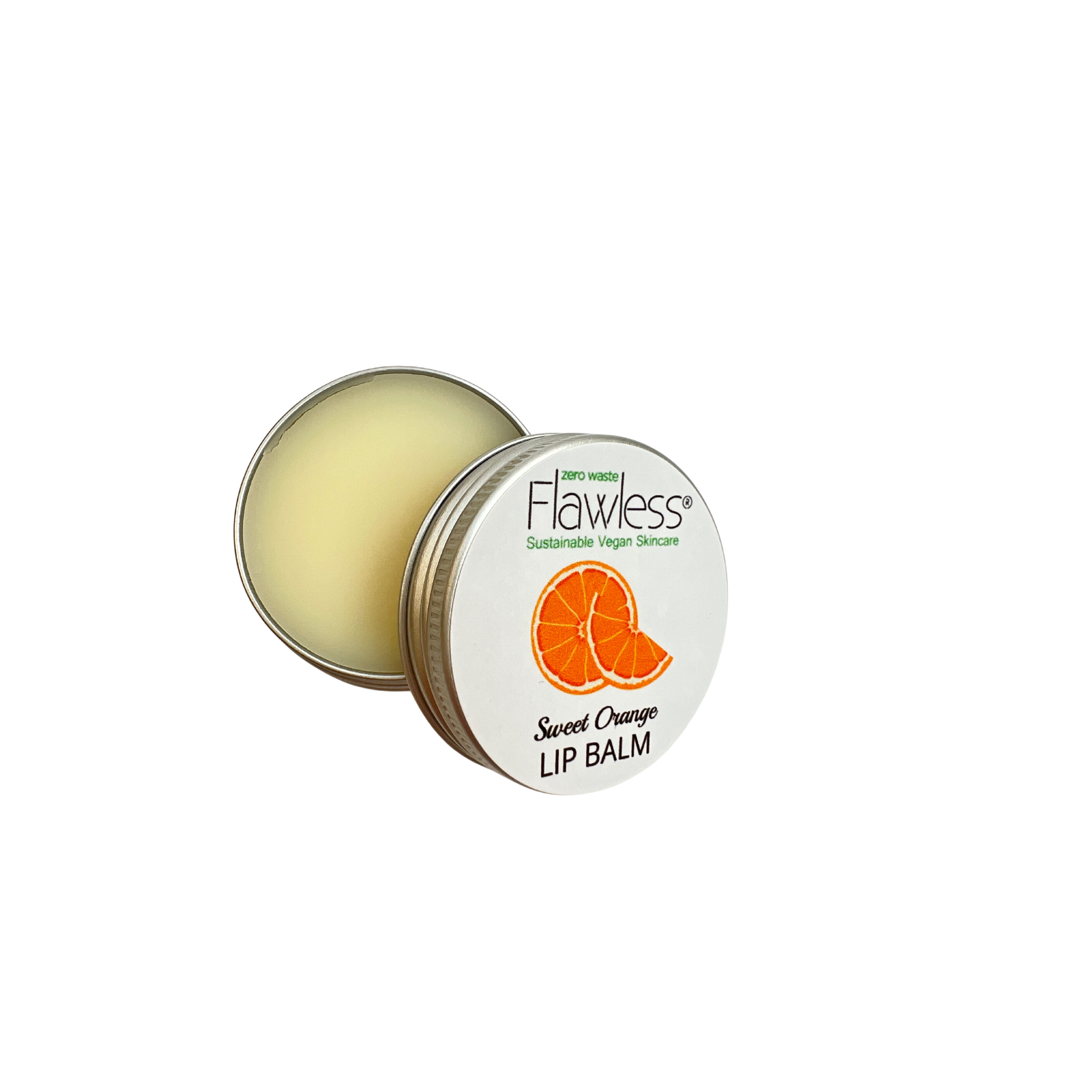 Sweet orange vegan lip balm in a 15g recycled aluminium plastic-free tin container