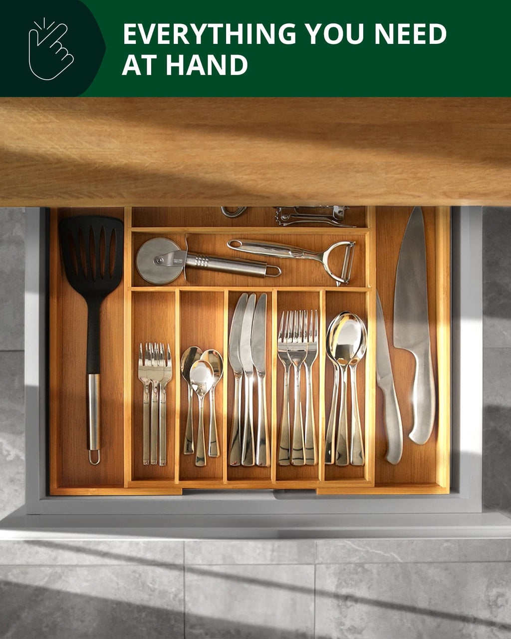 Natural bamboo 9-slot silverware drawer organizer tray with deep compartments for kitchen utensils — view 3