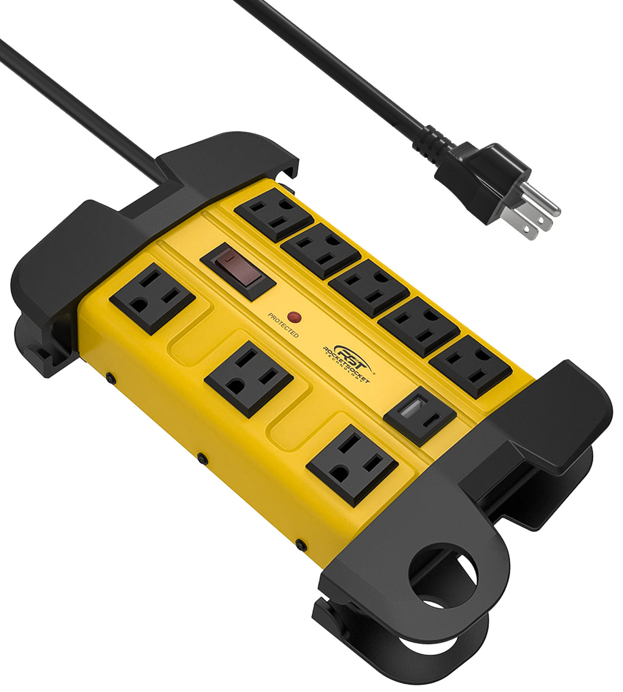 Heavy duty metal 8-outlet power strip with USB ports, cord wrap, and surge protection.