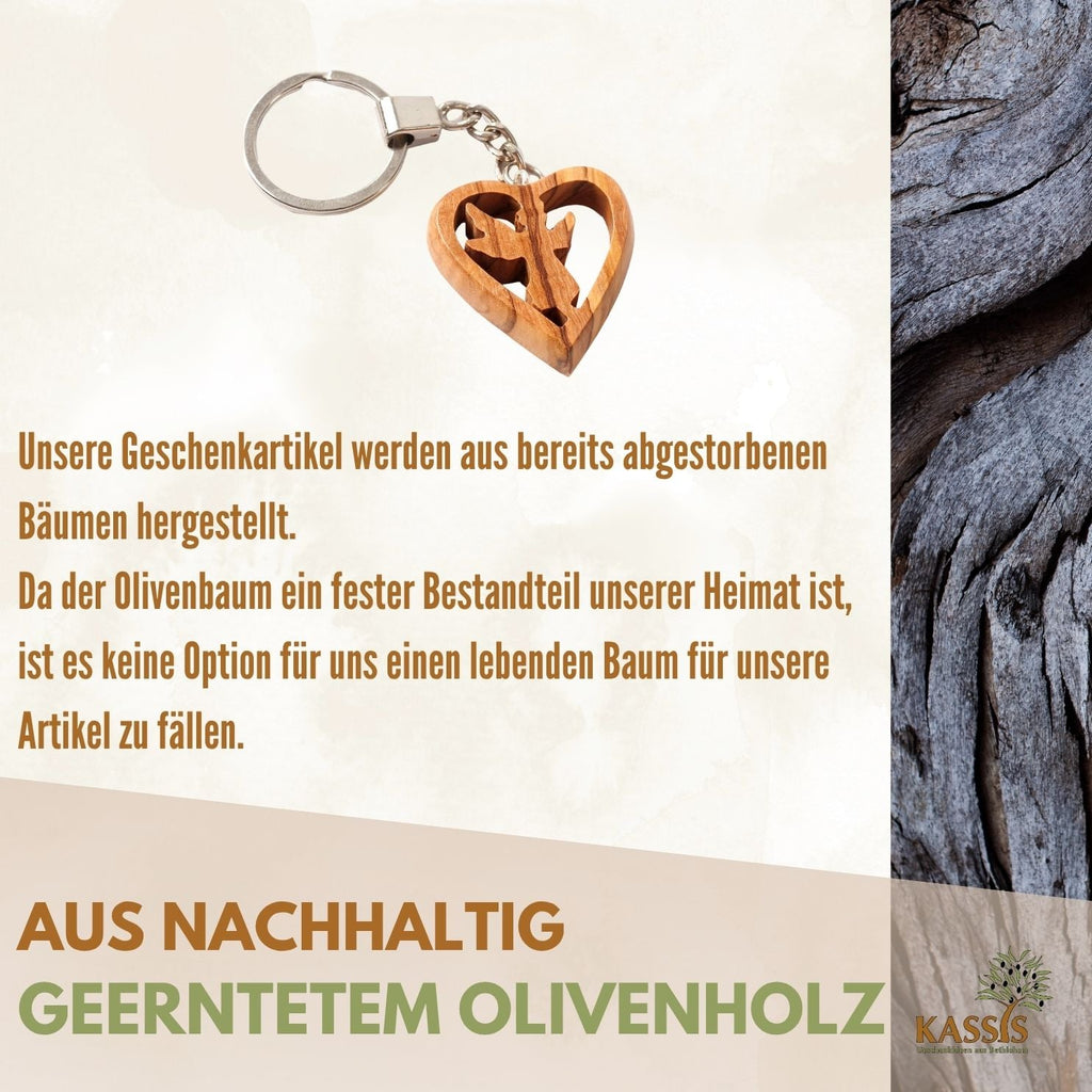 Handcrafted olive wood heart keychain featuring a carved guardian angel on a sturdy metal keyring — view 7