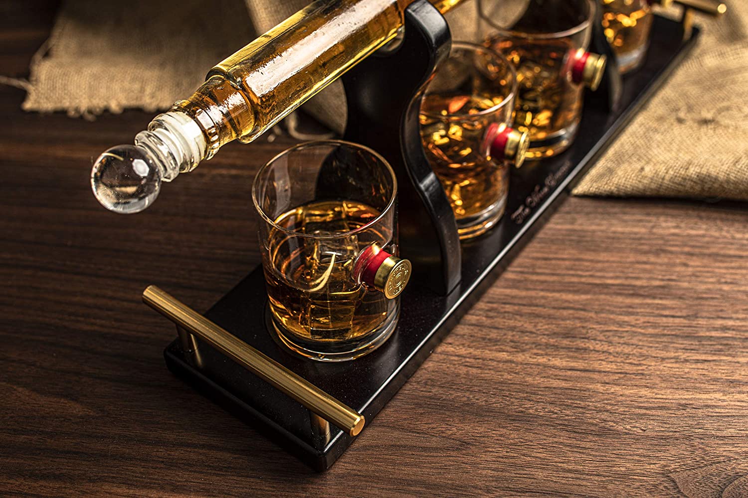 Handcrafted glass rifle whiskey decanter set with wooden display stand and four bullet glasses — view 3