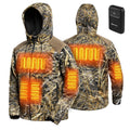 Mens waterproof heated hunting jacket with adjustable hood and multiple utility pockets