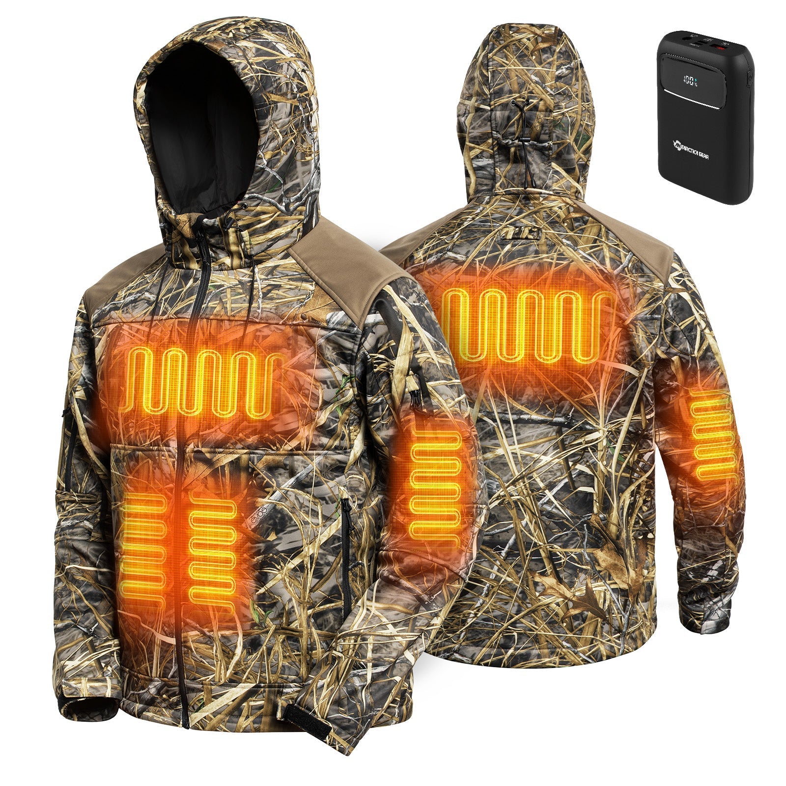 Mens waterproof heated hunting jacket with adjustable hood and multiple utility pockets