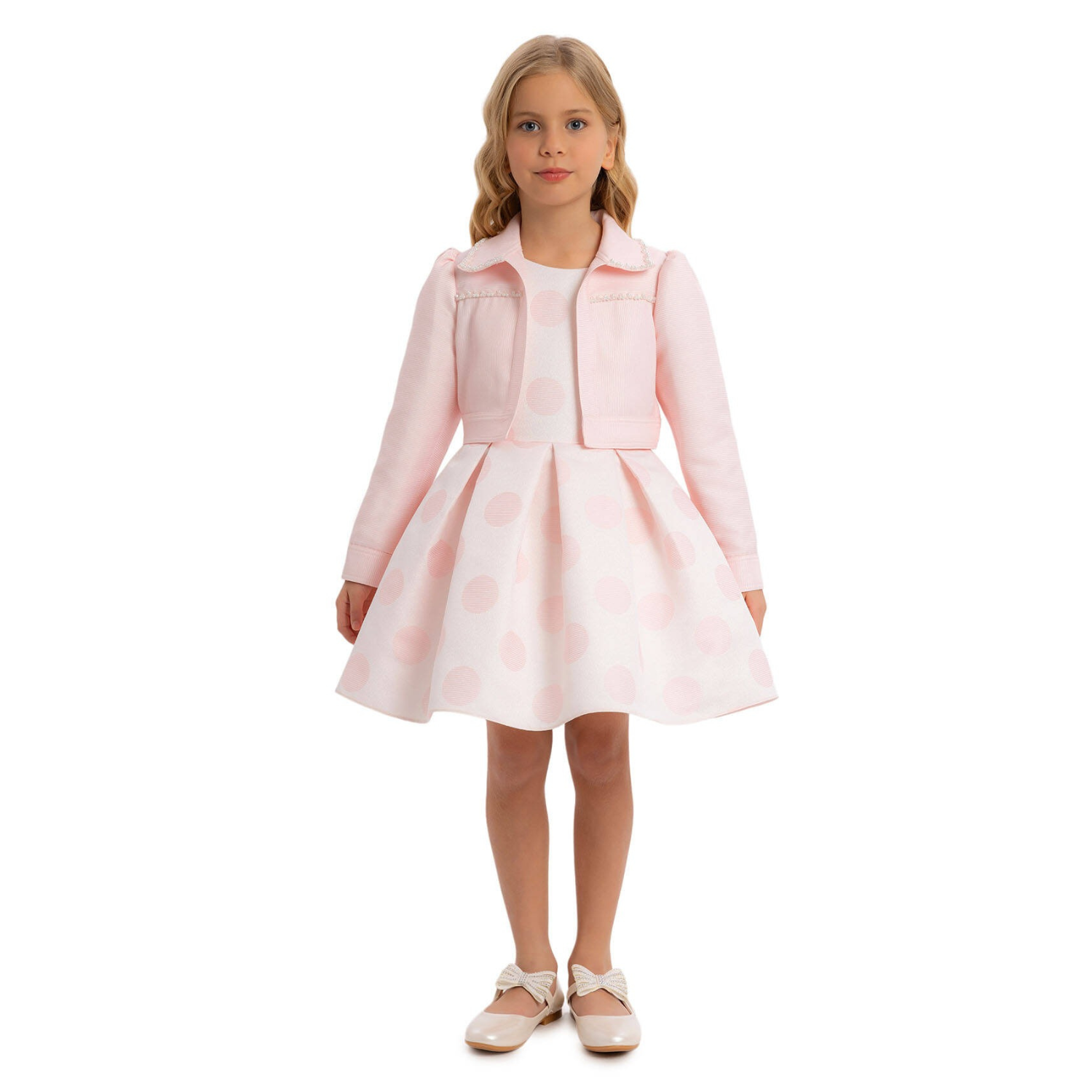 Sweet Serenity formal girls dress and matching pearl embroidered bolero jacket in elegant jacquard fabric