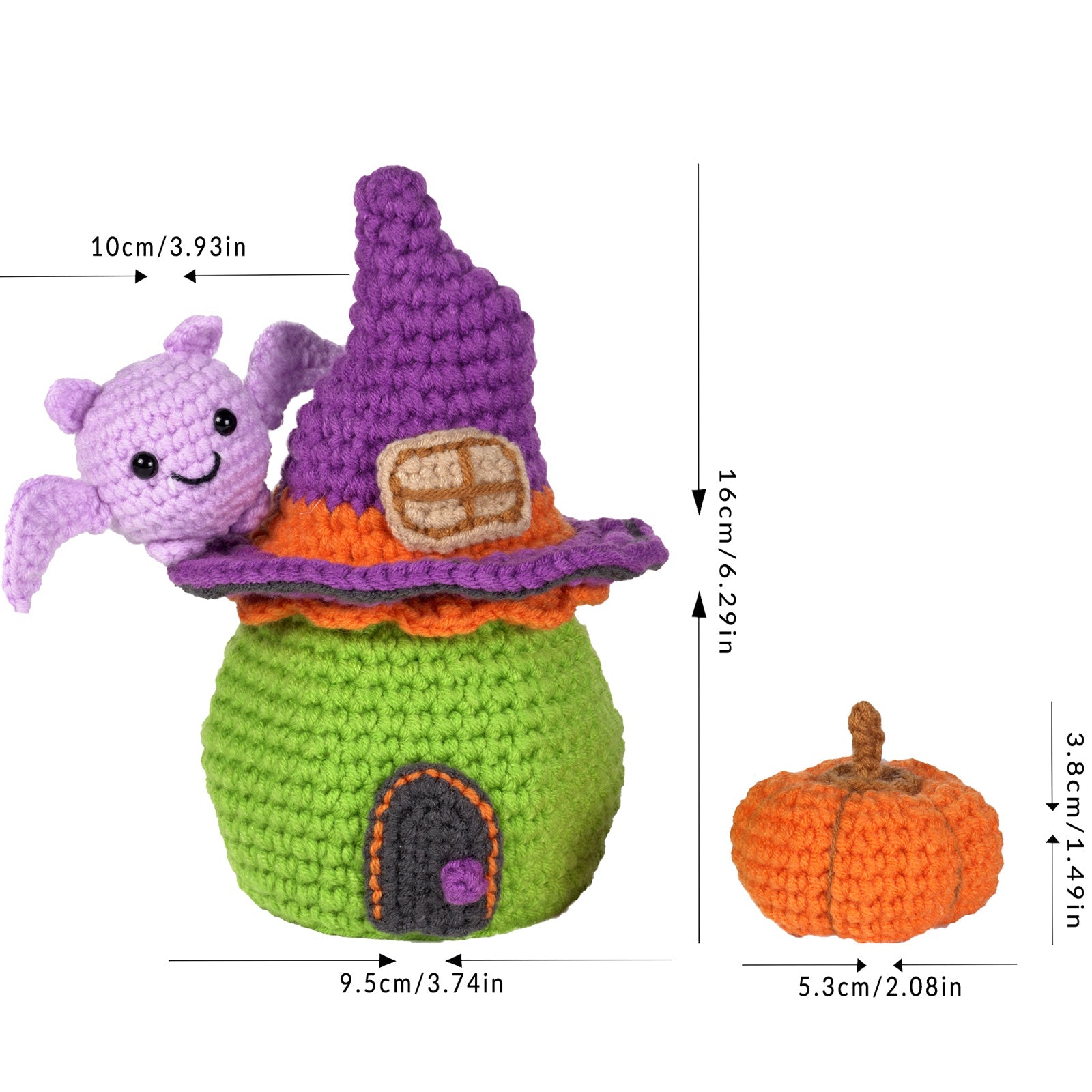 Halloween amigurumi DIY crochet kit featuring a completed miniature witch house, flying bat, and pumpkin — view 5