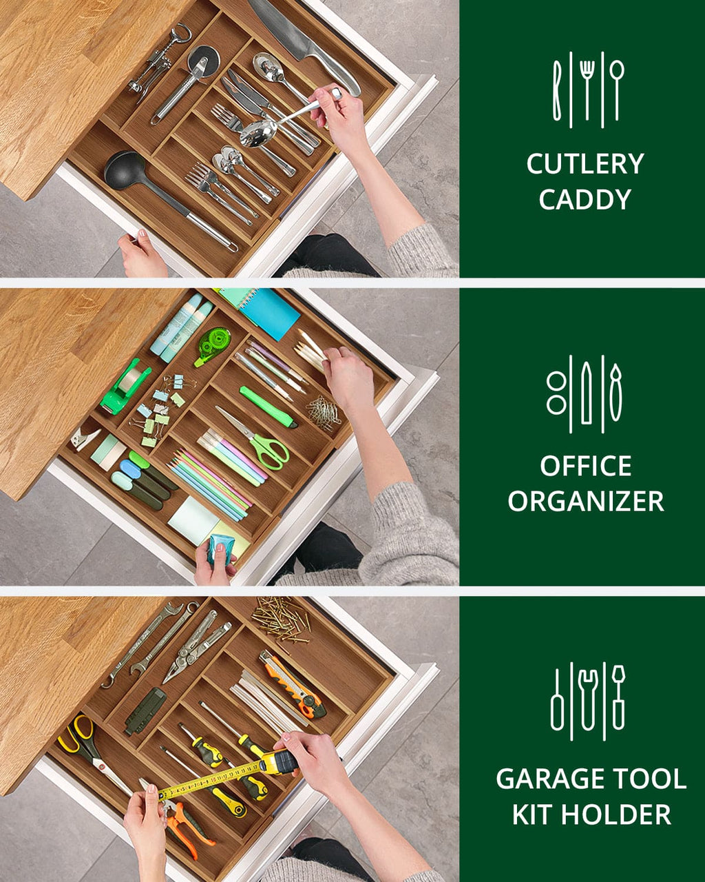 Brown bamboo silverware drawer organizer with nine slots for kitchen cutlery and utensils — view 3