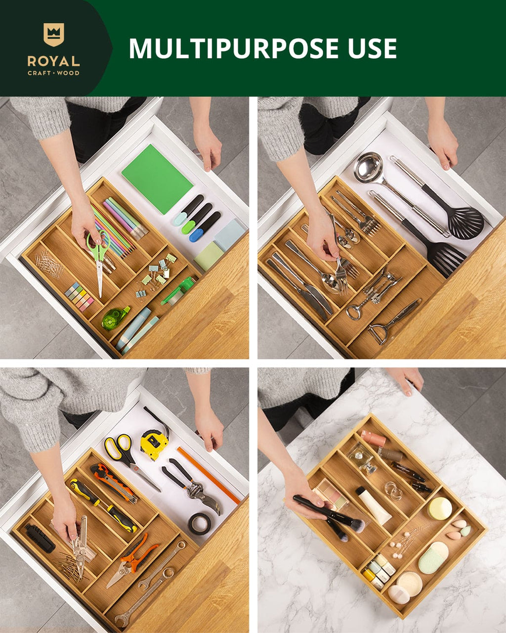 Natural wood silverware drawer organizer tray with multiple compartments for kitchen utensils and cutlery storage — view 3
