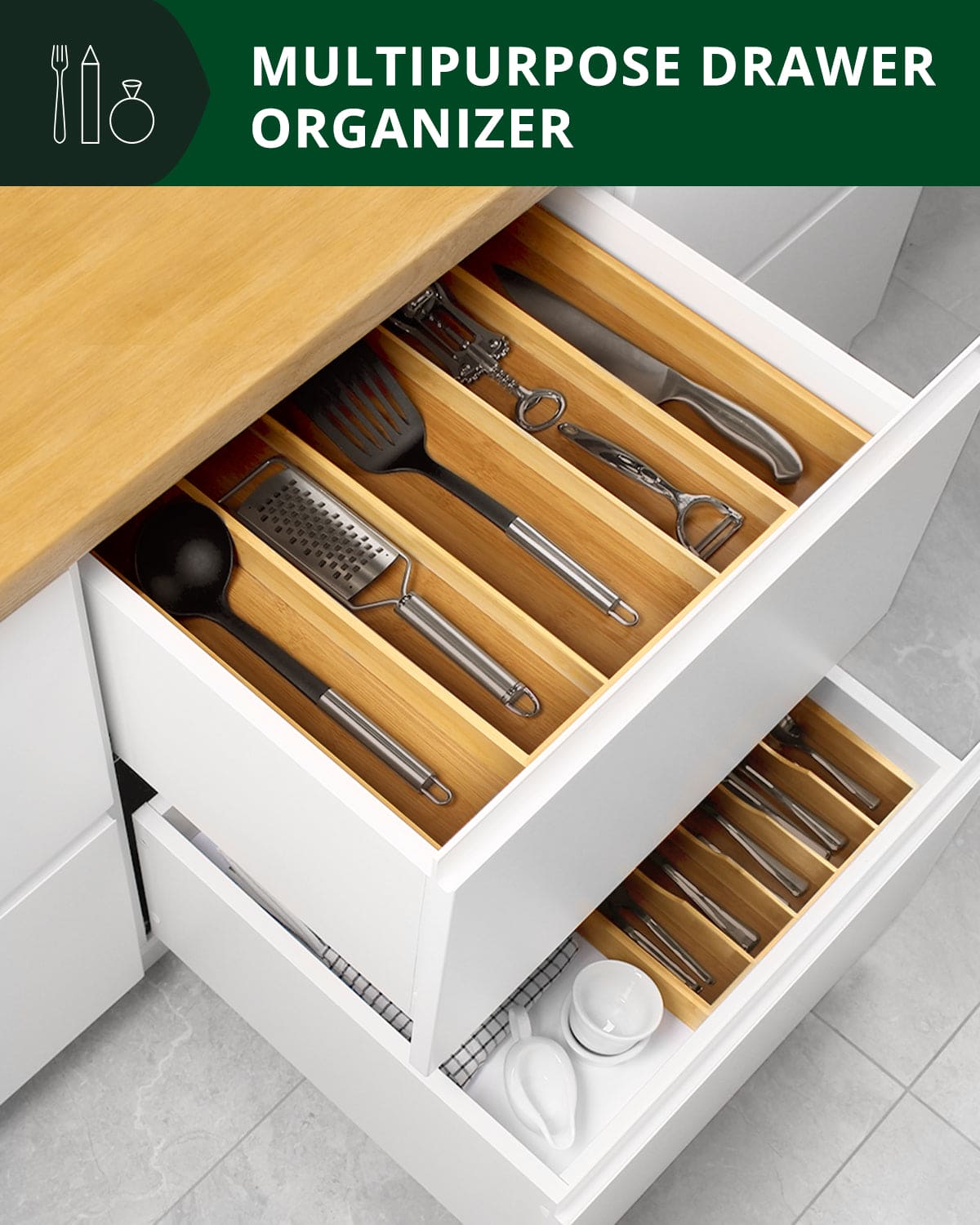 Natural bamboo wood five slot utensil drawer organizer tray for silver flatware — view 3