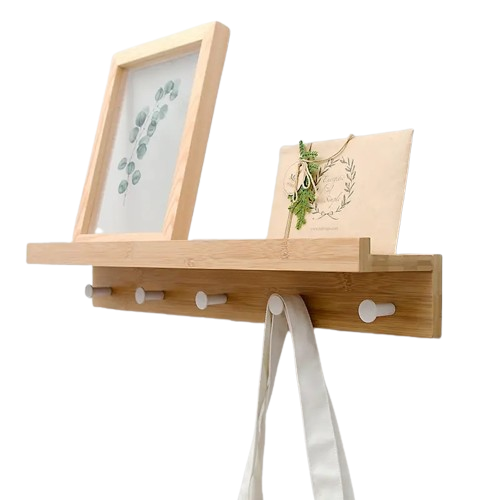 Bamboo multi-functional floating wall shelf with metal hooks displaying rustic home decor and plants. — view 2