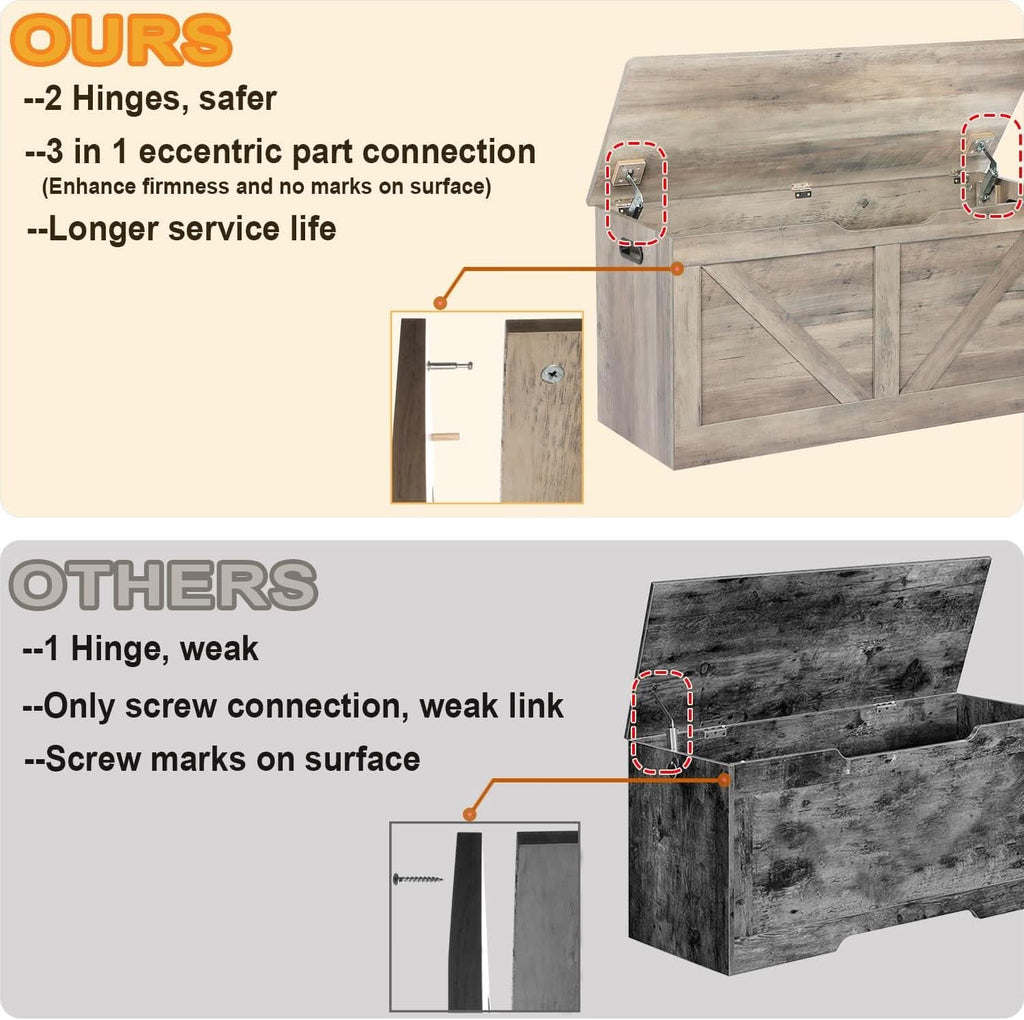 Grey wooden entryway storage bench with open lid revealing large interior compartment — view 4
