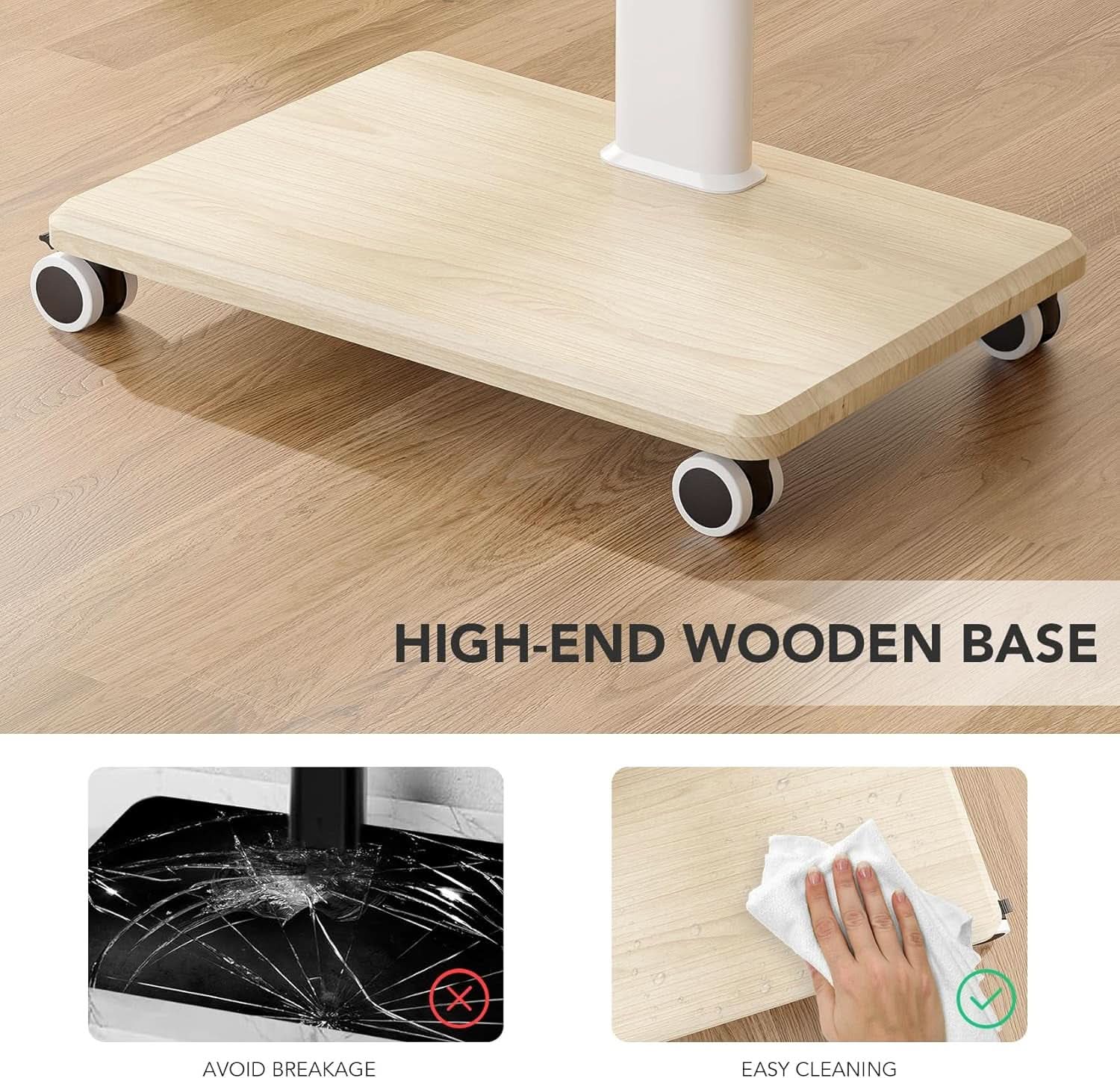 Mobile TV cart on wheels holding a flat screen television with a wood grain base — view 5