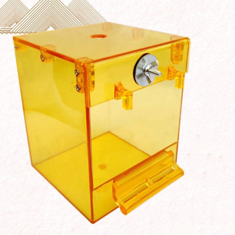 Transparent acrylic bird bath cage accessory for small parrots and finches, featuring a perch — view 2