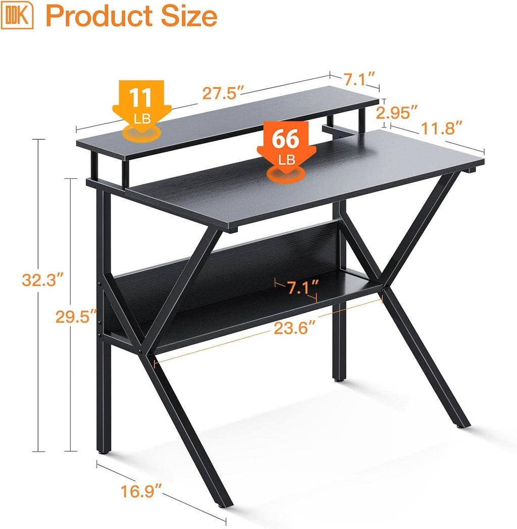 Compact 27.5-inch black computer desk with ergonomic monitor stand, lower storage shelf, and metal frame — view 3