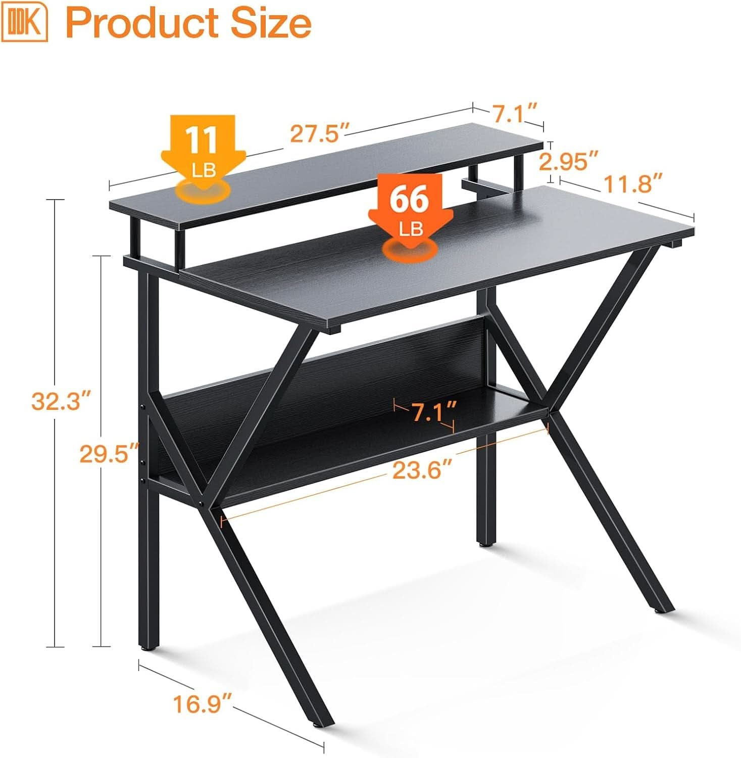 Compact 27.5-inch black computer desk with ergonomic monitor stand, lower storage shelf, and metal frame — view 3