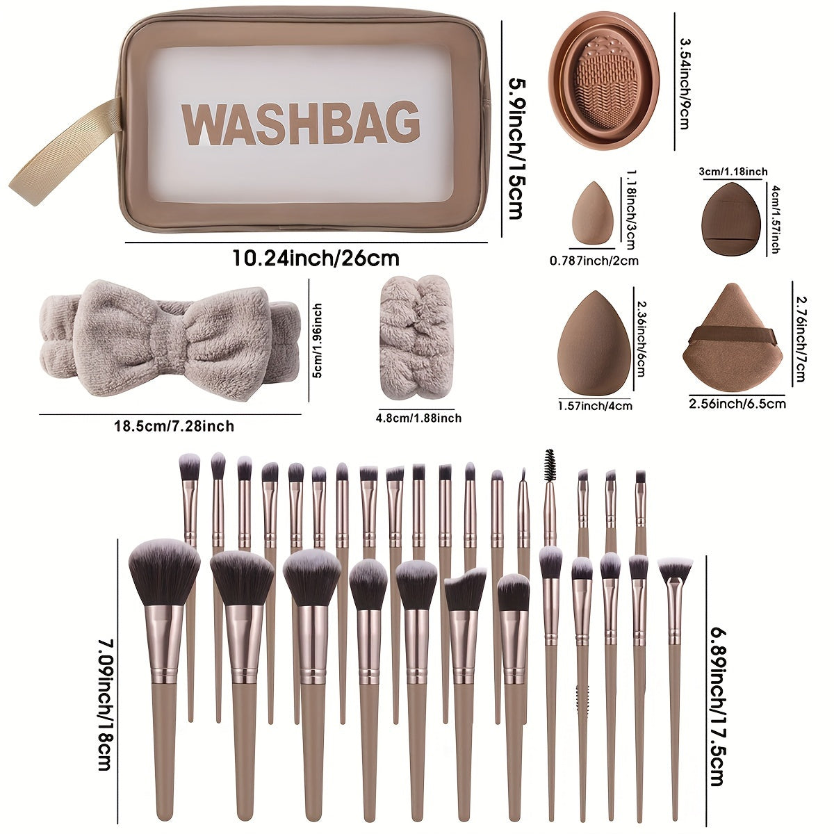 Coffee colored 55 piece makeup brush set with blending sponges puffs and travel bag — view 3