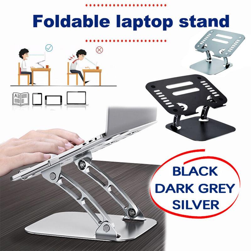 Adjustable aluminum laptop stand in silver, folded and displaying ergonomic design with silicone padding.